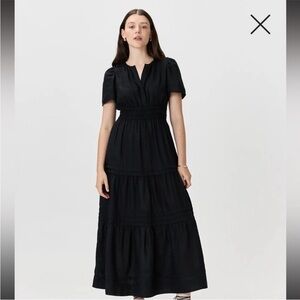 Quince Women 100% Organic Cotton Poplin Tiered Maxi Dress Black Basic Size L